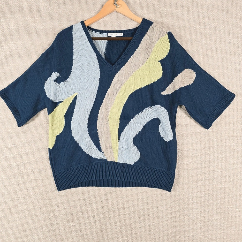 Chico's Women Blue Abstract Intarsia V-Neck Short Sleeve Cotton Sweater Size 2 L